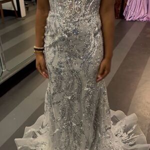 Sherri Hill Silver Embellished Prom Dress